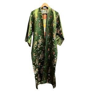 Dragon Silk Hangzhou China Green Dragon Embroidery 100% Silk Kimono Robe Size OS